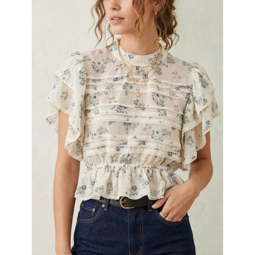Free People Sheer Floral Printed Lace Ruffle Smocked Blouse Top Tiered S 290462